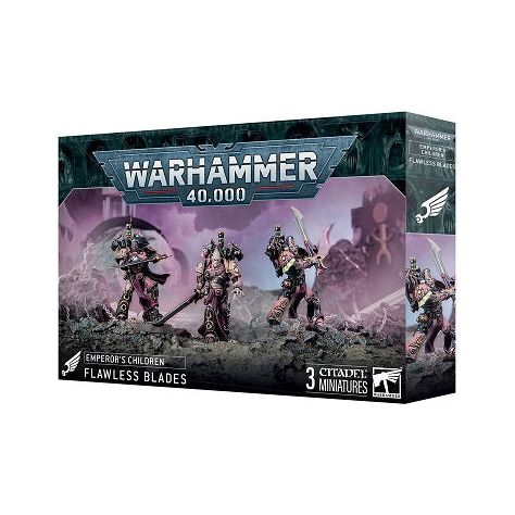 This product has a release date of 05/26/2025.
This multipart plastic kit builds three Flawless Blades. This kit comprises 52 plastic components, 3x Citadel 40mm Round Bases, and 1x Emperor's Children Transfer Sheet containing 150 high-quality waterslide transfers to decorate your miniatures.

These miniatures require assembly and are supplied unpainted – we recommend using Citadel Plastic Glue and Citadel Colour paints.