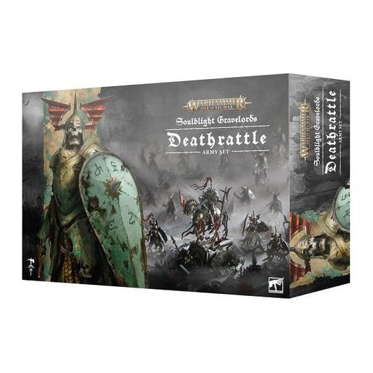 This box contains the following miniatures:
– 1x Wight King on Skeletal Steed (can alternatively be built as a Wight Lord on Skeletal Steed)
– 5x Barrow Knights
– 20x Barrow Guard

This box also contains:
– Death Battletome: Soulblight Gravelords – 122-page hardback book with gold verdigris-effect foil details, gold page edges, a soft-touch cover, and a black ribbon bookmark
– Warscroll Cards: Soulblight Gravelords – 55 cards, including Regiment of Renown cards, Army of Renown cards, Faction Rules cards, Sp