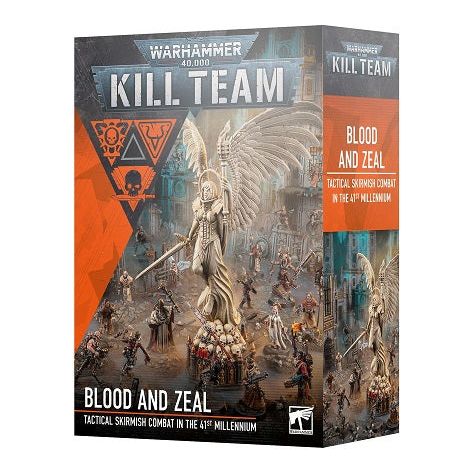 This boxed set contains:

– 56-page softcover Blood and Zeal Dossier: Background, artwork, and rules for the two kill teams in the box, plus an overview of the ongoing conflict on the planet Volkus.

– Sanctifiers Kill Team: A complete kill team of 11 multipart plastic miniatures, consisting of 1x Confessor, 1x Cherub, 1x Death Cult Assassin, 1x Salvationist, 1x Miraculist, 2x Missionaries, 1x Drill Abbot, 1x Persecutor (which can alternatively be built as a Preacher), 1x Conflagrator (which can alternative