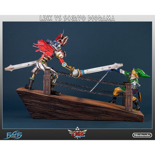 This statue has no edition number, and was a replacement and is in new and unopened condition. 

First 4 Figures is proud to present the Link vs. Scervo diorama! This dynamic diorama is based on scenes from The Legend of Zelda: Skyward Sword. The Link and Scervo figures stand on the bowsprit of the Sandship, locked in an intense sword duel to the death. The base is cast in high quality polystone that has been hand painted to produce an outstanding finish.  The figure are made of high-quality PVC plastic. Th