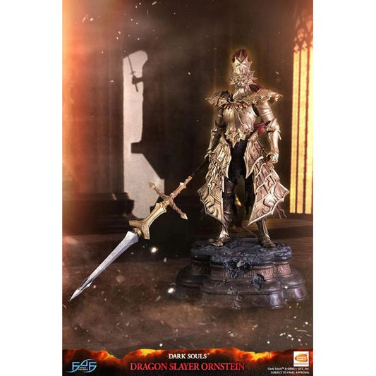 This statue has no edition number, and was a replacement and is in new and unopened condition. 

First 4 Figures is proud to present the highly anticipated Dark Souls - Dragon Slayer Ornstein Resin Statue Regular Edition.

One of Lord Gwyn's trusted knights, Ornstein was believed to be the captain of the Four Knights of Gwyn. With being the captain, he was granted a special soul and the Leo Ring by the Lord of Sunlight.

Donning golden armor that was permeated with the power of lightning, it was made to res