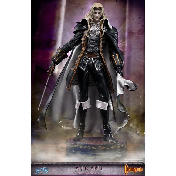 This item is new in box and never displayed.

First 4 Figures is proud to present the highly anticipated Castlevania: Symphony of the Night -  Alucard Exclusive Edition!

Alucard, also known as Adrian Fahrenheit Ţepeş, is the dhampir son of Dracula. Born because of an unnatural bond between Dracula and a human woman named Lisa, Alucard had special powers and was destined to be stronger than any human but not as strong as his father.

Alucard is a superb swordsman and typically wields one handed swords at ti