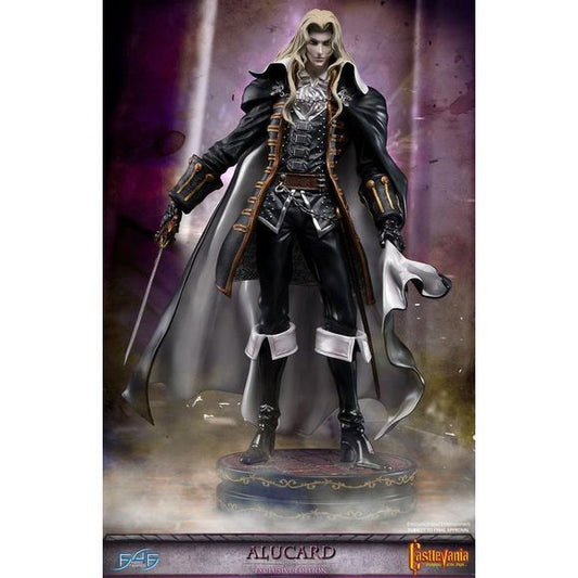 This item is new in box and never displayed.

First 4 Figures is proud to present the highly anticipated Castlevania: Symphony of the Night -  Alucard Exclusive Edition!

Alucard, also known as Adrian Fahrenheit Ţepeş, is the dhampir son of Dracula. Born because of an unnatural bond between Dracula and a human woman named Lisa, Alucard had special powers and was destined to be stronger than any human but not as strong as his father.

Alucard is a superb swordsman and typically wields one handed swords at ti