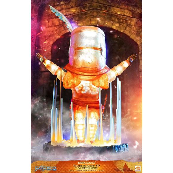 First 4 Figures is proud to present the highly anticipated Dark Souls - Solaire of Astora SD 9" PVC Painted statue.

Solaire of Astora, a jolly knight, is a Warrior of Sunlight who purposefully became Undead so he could visit Lordran in his quest to find his own sun. Solaire is a skilled warrior who doesn't rely on special powers to win. He provides assistance to the player and engages in jolly cooperation. For successful co-op fights he rewards the player with Sunlight Medals because of his membership in t
