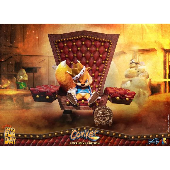 This statue has no edition number, and was a replacement and is in new and unopened condition. 

First 4 Figures is proud to present the highly anticipated Conker: Conker's Bad Fur Day – Conker Exclusive Edition statue!

"Well, here I am. Conker the king, king of all the land! Who'd have thought that? "But how did I come to this?", I hear ya say. "And who are those strange fellows that surround my throne?", that you also say. Well, it's a long story. Come closer, and I'll tell ya. It all started yesterday,