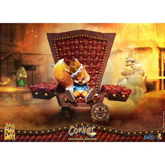 This statue has no edition number, and was a replacement and is in new and unopened condition. 

First 4 Figures is proud to present the highly anticipated Conker: Conker's Bad Fur Day – Conker Exclusive Edition statue!

"Well, here I am. Conker the king, king of all the land! Who'd have thought that? "But how did I come to this?", I hear ya say. "And who are those strange fellows that surround my throne?", that you also say. Well, it's a long story. Come closer, and I'll tell ya. It all started yesterday,