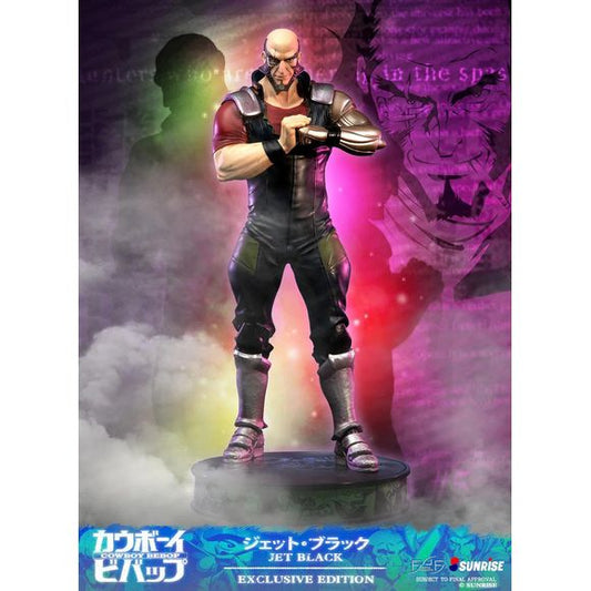 This statue has no edition number, and was a replacement and is in new and unopened condition. 

First 4 Figures is proud to present the highly anticipated Cowboy Bebop – Jet Black Exclusive statue.

Jet Black was a former investigator for the Intra Solar System Police (ISSP) before entering the life of a bounty hunter. Also known as "Black Dog" for his ferocity against criminals (as if he were a rabid dog latched onto his victims), his tenacity to hunt down culprits knows no bounds. What he lacks in combat