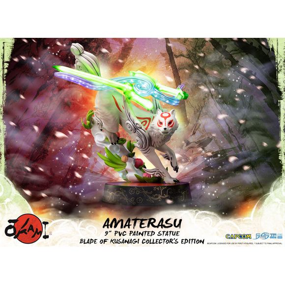 First 4 Figures is proud to introduce their latest PVC collectible, Amaterasu PVC: Karmic Transformer 8 statue. 

Amaterasu is the Celestial Brush goddess of the Sun and represents the dog in the twelve East Asia zodiacs. She is a white wolf with ruby-red markings throughout her body and a tail shaped like a calligraphy brush. Floating right above her is her Divine Instrument, the fiery Reflector, which she uses as a weapon to fend of evil. Formerly known as the revered Shiranui, master of all Celestial Bru