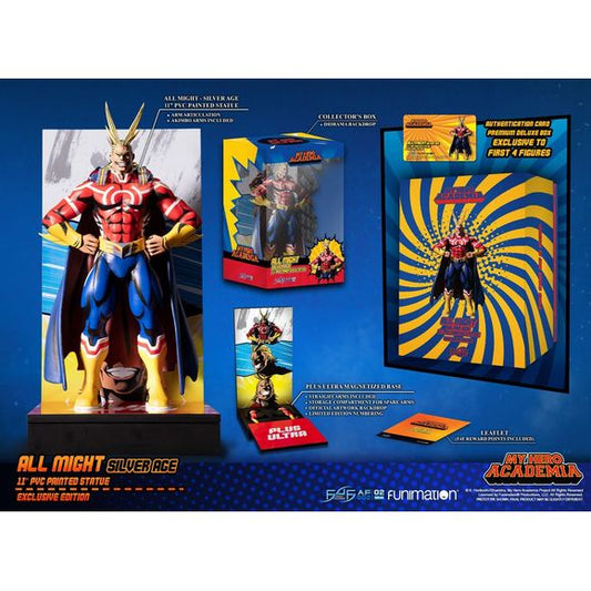 First 4 Figures is proud to introduce their newest type of PVC collectible with the launch of All Might: Silver Age PVC Action Figure.

Just like young Midoriya's action figure in the anime, our All Might is in his Silver Age costume and also features arm articulation. The shading details throughout the figure is also very accurate to the source, adding even more definition to the figure.

With the Exclusive Edition, you can interchange All Might's straight arms with the additional pair of akimbo arms that