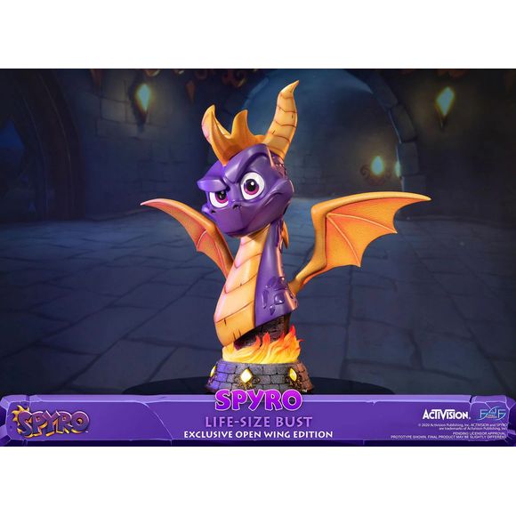 This statue's concept is inspired by the cover art on the physical copies of Spyro™ Reignited Trilogy. To easily appreciate all the details of this statue, a F4F turntable under the base was incorporated to allow manual rotation of the bust a full 360 degrees.

Spyro™ the Dragon – Spyro™ Life-Size Bust (Exclusive Open Wing Edition) comes with the following:

Spyro™ the Dragon – Spyro™ Life-Size Bust resin statue (with open wings)
Highly detailed base inspired by the Spyro™ Reignited Trilogy art style
LED fu