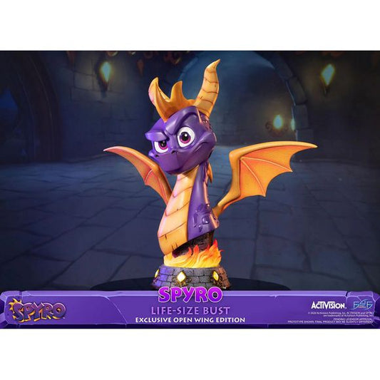 This statue's concept is inspired by the cover art on the physical copies of Spyro™ Reignited Trilogy. To easily appreciate all the details of this statue, a F4F turntable under the base was incorporated to allow manual rotation of the bust a full 360 degrees.

Spyro™ the Dragon – Spyro™ Life-Size Bust (Exclusive Open Wing Edition) comes with the following:

Spyro™ the Dragon – Spyro™ Life-Size Bust resin statue (with open wings)
Highly detailed base inspired by the Spyro™ Reignited Trilogy art style
LED fu