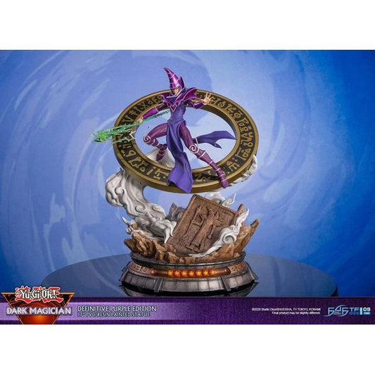 The statue's concept is inspired by one of Dark Magician's iconic summoning poses in the anime, where he's in this "ready for action" stance with the Dark Magical Circle in the background. He has his left arm stretched out and is wielding the Magician's Rod in his right hand, ready to cast his signature spell: Dark Magic Attack. The Definitive Edition of this statue comes with LED functionality for the Dark Magical Circle, as well as glow-in-the-dark attack effects on the Magician's Rod.

Since the Dark Mag