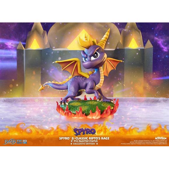First 4 Figures is proud to introduce their latest PVC collectible, Spyro™ 2: Classic Ripto's Rage Exclusive Edition.

The concept for this statue is inspired by the official cover of the classic Spyro™ 2: Classic Ripto's Rage video game, from the pose of Spyro down to the design of the PVC base. The tilt of Spyro's head, his right paw up, the slight lean forward, the grassy terrain on fire that Spyro is standing on, and everything in between all directly matches the official video game cover the statue is