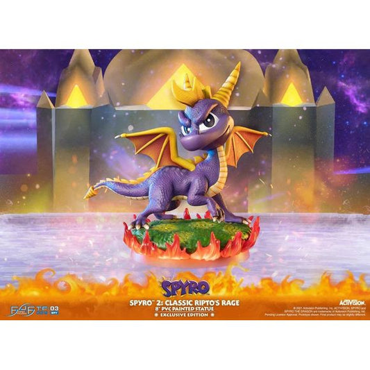 First 4 Figures is proud to introduce their latest PVC collectible, Spyro™ 2: Classic Ripto's Rage Exclusive Edition.

The concept for this statue is inspired by the official cover of the classic Spyro™ 2: Classic Ripto's Rage video game, from the pose of Spyro down to the design of the PVC base. The tilt of Spyro's head, his right paw up, the slight lean forward, the grassy terrain on fire that Spyro is standing on, and everything in between all directly matches the official video game cover the statue is