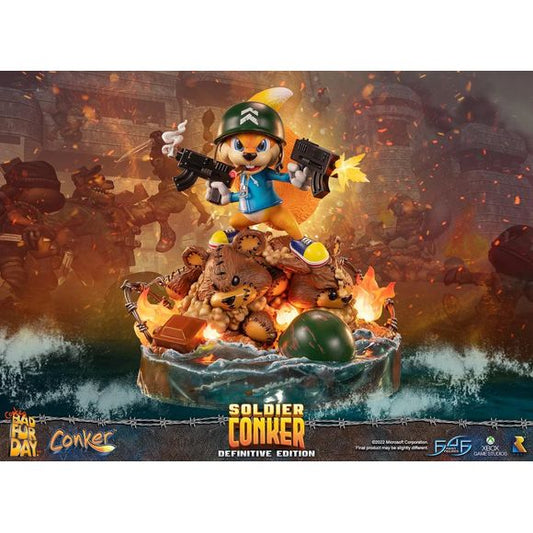 This statue has no edition number, and was a replacement and is in new and unopened condition. 

First 4 Figures is proud to introduce their latest statue collectible, Soldier Conker Definitive Edition!

The highly detailed Conker statue is inspired by the eighth chapter in the game, "It's War", where Conker is taken to the war-torn Tediz Base Beachhead.

The base design is of the beachhead itself where the events took place. For the Definitive Edition, Conker is standing atop defeated enemy Tediz, there's