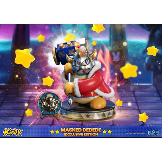 This statue has no edition number, and was a replacement and is in new and unopened condition.

King Dedede's armoured alter-ego has been beautifully sculpted. The powered-up king of Dreamland now wears a metallic mask and wields an awesome mechanical hammer. The base is a silver version of King Dedede's base with his signature peace sign at the centre of it. The silver and mechanical aesthetics makes him look even more formidable. The exclusive edition will include a beautifully detailed gold plated coin w