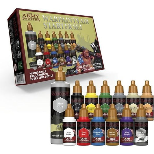 READY TO USE AIR BRUSH PAINTS - This Air Brush Paint kit comes with 12 Airbrush Paints & a Matt Grey Primer.
Colors Included: Matt Black, Daemonic Yellow, Green Skin, Uniform Grey, Skeleton Bone, Barbarian Flesh, Matt White, Pure Red, Ultramarine Blue, Leather Brown, Alien Purple, and Plate Mail Metal.