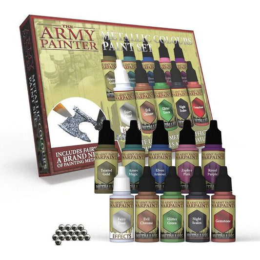 Want to paint magical armour, alien weaponry, or tainted treasure? Or perhaps the glistening, draconic hide of fantastic beasts? This paint set has you covered! Along with a wide array of metallic colours, we have also included our brand new Metallic Effects paint - Fairy Dust. With this new paint, you can turn any of our Warpaints into a vibrantly shimmering metallic with a single coat. Our paint comes in spill-proof 18ml./ 0.6 fl. oz. dropper bottles - perfect for both wet palettes and airbrushing. Our no