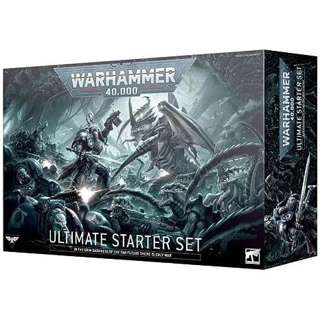 This boxed set includes:

1x 72-page softcover Warhammer 40,000 Ultimate Starter Set Handbook
1x 72-page softcover Warhammer 40,000 Core Rules Booklet 
44x plastic push-fit Citadel miniatures
12x Space Marines
- 1x Captain in Terminator Armour:  1x Librarian in Terminator Armour
- 5x Terminators
- 5x Infernus Marines

32x Tyranids
- 1x Winged Tyranid Prime
- 1x Psychophage
- 3x Von Ryan’s Leapers
- 5x Barbgaunts
- 20x Termagants
 2x Ripper Swarms

9x plastic Citadel modular terrain pieces

- 1x STC Hab-bunk