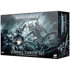 This boxed set includes:

1x 72-page softcover Warhammer 40,000 Ultimate Starter Set Handbook
1x 72-page softcover Warhammer 40,000 Core Rules Booklet 
44x plastic push-fit Citadel miniatures
12x Space Marines
- 1x Captain in Terminator Armour:  1x Librarian in Terminator Armour
- 5x Terminators
- 5x Infernus Marines

32x Tyranids
- 1x Winged Tyranid Prime
- 1x Psychophage
- 3x Von Ryan’s Leapers
- 5x Barbgaunts
- 20x Termagants
 2x Ripper Swarms

9x plastic Citadel modular terrain pieces

- 1x STC Hab-bunk