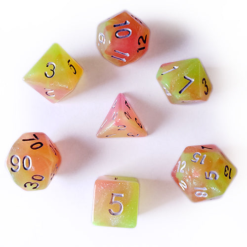 Galactic Dice HD Dice Sets - Summer's Joy (Yellow, Orange, & Silver) Acrylic Set of 7 Dice | Galactic Toys & Collectibles