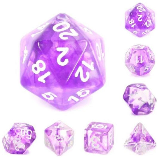 Galactic Dice Premium Dice Sets - Nebula Purple (Purple, Clear, & White) Acrylic Set of 7 Dice | Galactic Toys & Collectibles