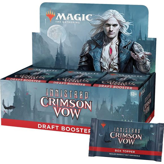 The Innistrad: Crimson Vow Draft Booster Box contains 36 Innistrad: Crimson Vow Draft Boosters and 1 traditional foil Dracula Series box topper card (541 cards total). Each Draft Booster contains 15 Magic cards, 1 token or ad card, and 1 Helper card, with a combination of 1 Rare or Mythic Rare, 3 Uncommons, 10 Common cards, and 1 Eternal Night Full-Art Basic Land card. A traditional foil double- or single-faced card of any rarity replaces a Common in 33% of Innistrad: Crimson Vow Draft Boosters.