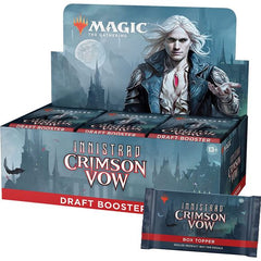 The Innistrad: Crimson Vow Draft Booster Box contains 36 Innistrad: Crimson Vow Draft Boosters and 1 traditional foil Dracula Series box topper card (541 cards total). Each Draft Booster contains 15 Magic cards, 1 token or ad card, and 1 Helper card, with a combination of 1 Rare or Mythic Rare, 3 Uncommons, 10 Common cards, and 1 Eternal Night Full-Art Basic Land card. A traditional foil double- or single-faced card of any rarity replaces a Common in 33% of Innistrad: Crimson Vow Draft Boosters.