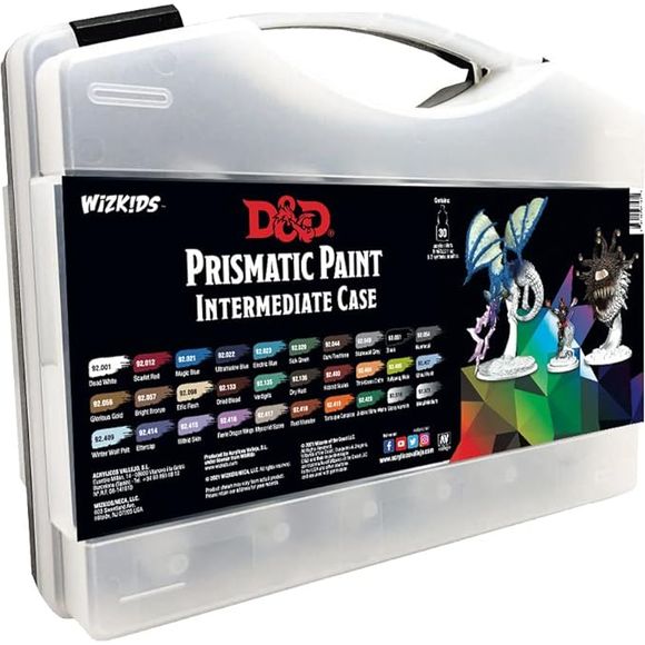 D&D Prismatic Paint is designed to go on smoothly and leave a nice, matte finish on hobby miniatures. Developed by Acrylicos Vallejo, these 60 paints—including 20 new colors, formulated specifically for the D&D Prismatic Paint line—should appeal to beginners and experienced painters alike. Each of these paints comes in an 8ml dropper bottle, to help painters keep their crafting surfaces free of spills. Each bottle is labeled with the paint color and product code, as well as a logo indicating if the contents