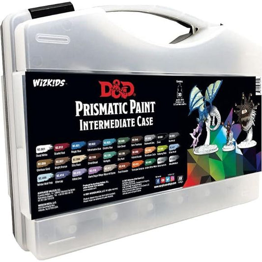 D&D Prismatic Paint is designed to go on smoothly and leave a nice, matte finish on hobby miniatures. Developed by Acrylicos Vallejo, these 60 paints—including 20 new colors, formulated specifically for the D&D Prismatic Paint line—should appeal to beginners and experienced painters alike. Each of these paints comes in an 8ml dropper bottle, to help painters keep their crafting surfaces free of spills. Each bottle is labeled with the paint color and product code, as well as a logo indicating if the contents