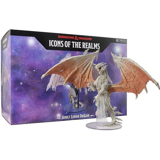 D&D ICONS OF THE REALMS: ADULT LUNAR DRAGON is an excellent addition to your miniatures collection or display shelf. Sculpted with highly detailed features and expertly painted using premium paints. This Lunar dragon will make for a great foe for any adventure! Lunar dragons (also known as moon dragons or phase dragons) are capricious, xenophobic creatures that make their lairs inside desolate moons by burrowing through the rock. Lunar dragons enjoy depriving other creatures of treasure more than acquiring