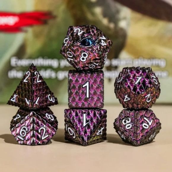 The perfect companion for your gaming needs! These premium die-cast polyhedral dice are exactly what you've been searching for that upcoming game night with the group. Each set weighs roughly 5 ounces and are stored in a quality, brushed metal tin with foam insert. These dice are engraved with crisp, easy-to-read numerals. Many styles and colors are available.

This set includes one of each: d20, d12, d10, d10 (percentile), d8, d6, and a d4 (7 dice in total). All inside a premium Dice Tin.