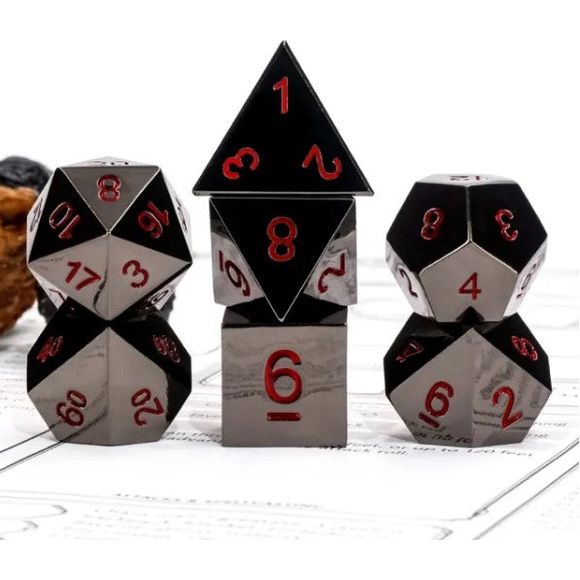 Galactic Dice Premium Metal Dice Sets - Black Metal & Red Set of 7 Dice with Tin | Galactic Toys & Collectibles