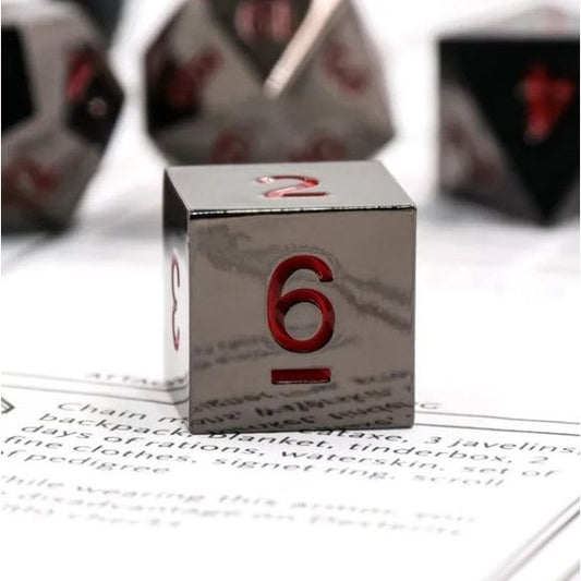 Galactic Dice Premium Metal Dice Sets - Black Metal & Red Set of 7 Dice with Tin | Galactic Toys & Collectibles