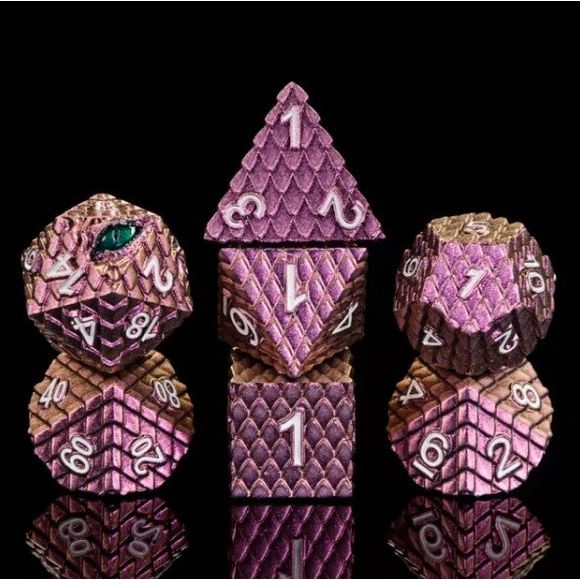The perfect companion for your gaming needs! These premium die-cast polyhedral dice are exactly what you've been searching for that upcoming game night with the group. Each set weighs roughly 5 ounces and are stored in a quality, brushed metal tin with foam insert. These dice are engraved with crisp, easy-to-read numerals. Many styles and colors are available.

This set includes one of each: d20, d12, d10, d10 (percentile), d8, d6, and a d4 (7 dice in total). All inside a premium Dice Tin.