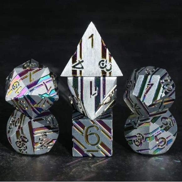 The perfect companion for your gaming needs! These premium die-cast polyhedral dice are exactly what you've been searching for that upcoming game night with the group. Each set weighs roughly 5 ounces and are stored in a quality, brushed metal tin with foam insert. These dice are engraved with crisp, easy-to-read numerals. Many styles and colors are available.

This set includes one of each: d20, d12, d10, d10 (percentile), d8, d6, and a d4 (7 dice in total). All inside a premium Dice Tin.