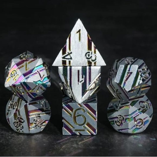 The perfect companion for your gaming needs! These premium die-cast polyhedral dice are exactly what you've been searching for that upcoming game night with the group. Each set weighs roughly 5 ounces and are stored in a quality, brushed metal tin with foam insert. These dice are engraved with crisp, easy-to-read numerals. Many styles and colors are available.

This set includes one of each: d20, d12, d10, d10 (percentile), d8, d6, and a d4 (7 dice in total). All inside a premium Dice Tin.
