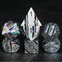 The perfect companion for your gaming needs! These premium die-cast polyhedral dice are exactly what you've been searching for that upcoming game night with the group. Each set weighs roughly 5 ounces and are stored in a quality, brushed metal tin with foam insert. These dice are engraved with crisp, easy-to-read numerals. Many styles and colors are available.

This set includes one of each: d20, d12, d10, d10 (percentile), d8, d6, and a d4 (7 dice in total). All inside a premium Dice Tin.