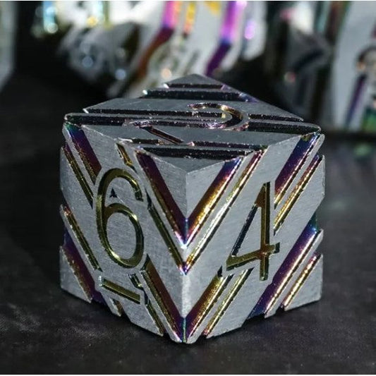 Galactic Dice Premium Dice Sets - Lightening Rainbow Silver w/ Rainbow Stripe Set of 7 Dice with Tin
