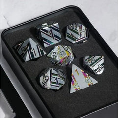 Galactic Dice Premium Dice Sets - Lightening Rainbow Silver w/ Rainbow Stripe Set of 7 Dice with Tin