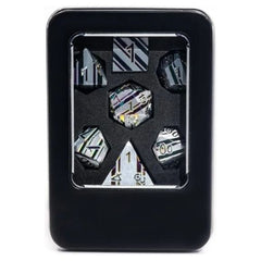 Galactic Dice Premium Dice Sets - Lightening Rainbow Silver w/ Rainbow Stripe Set of 7 Dice with Tin