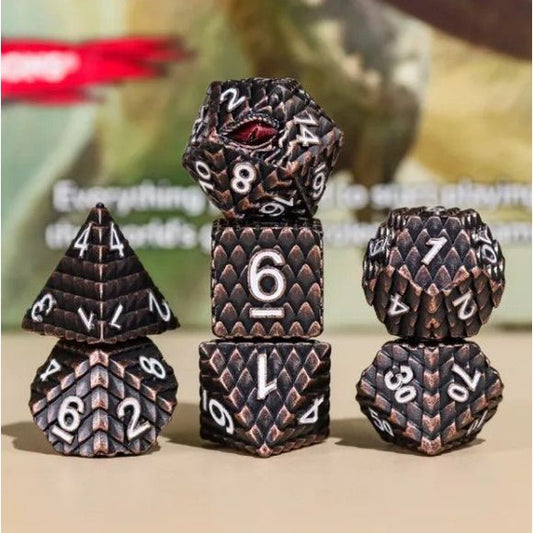 Galactic Dice Premium Dice Sets - Archosaur Tarnished Copper Set of 7 Dice with Tin | Galactic Toys & Collectibles