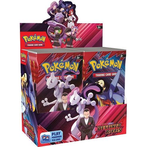 LIMIT 2 PER HOUSEHOLD/CUSTOMER
Each Scarlet & Violet— Destined Rivals booster box contains 36 booster packs. (Each pack contains 10 random cards)

Whose Side Are You On? Pokemon Trainers, be on high alert! The nefarious Team Rocket is setting its latest plan into motion, and heroic Trainers are racing to stop it. Join forces with the likes of Cynthia and Garchomp ex, Ethan and Ho-Oh ex, or Arven and Mabosstiff ex... Or reconsider your loyalties and fight alongside Team Rocket's Pokemon like Mewtwo ex- under