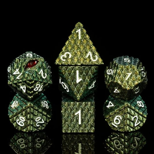 The perfect companion for your gaming needs! These premium die-cast polyhedral dice are exactly what you've been searching for that upcoming game night with the group. Each set weighs roughly 5 ounces and are stored in a quality, brushed metal tin with foam insert. These dice are engraved with crisp, easy-to-read numerals. Many styles and colors are available.

This set includes one of each: d20, d12, d10, d10 (percentile), d8, d6, and a d4 (7 dice in total). All inside a premium Dice Tin.