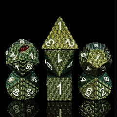 The perfect companion for your gaming needs! These premium die-cast polyhedral dice are exactly what you've been searching for that upcoming game night with the group. Each set weighs roughly 5 ounces and are stored in a quality, brushed metal tin with foam insert. These dice are engraved with crisp, easy-to-read numerals. Many styles and colors are available.

This set includes one of each: d20, d12, d10, d10 (percentile), d8, d6, and a d4 (7 dice in total). All inside a premium Dice Tin.