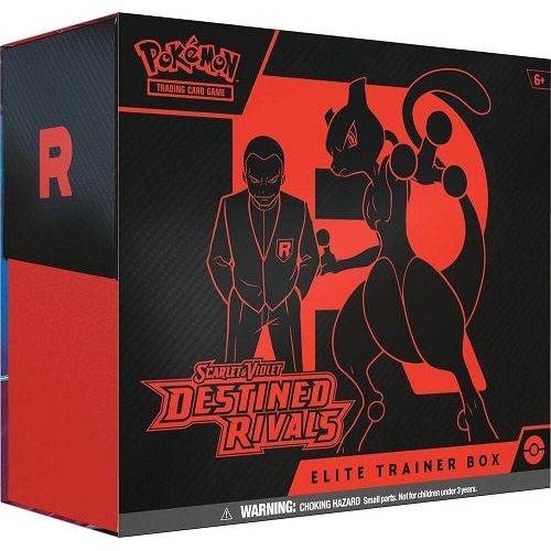 LIMIT 2 PER HOUSEHOLD/CUSTOMER

The Pokémon TCG: Scarlet & Violet—Destined Rivals Elite Trainer Box includes:
• 9 Pokémon TCG: Scarlet & Violet—Destined Rivals booster packs
• 65 card sleeves
• 45 Pokémon TCG Energy cards
• A player’s guide to the Scarlet & Violet—Destined Rivals expansion
• 6 damage-counter dice
• 1 competition-legal coin-flip die
• 2 plastic condition markers
• A collector’s box to hold everything, with 4 dividers to keep it organized
• A code card for Pokémon Trading Card Game Live