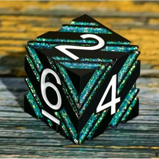 Galactic Dice Premium Dice Sets - Aura of Vitality (Green & Black Stripe) Set of 7 Metal Dice with Tin