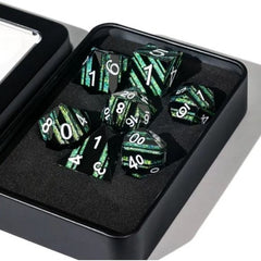 Galactic Dice Premium Dice Sets - Aura of Vitality (Green & Black Stripe) Set of 7 Metal Dice with Tin
