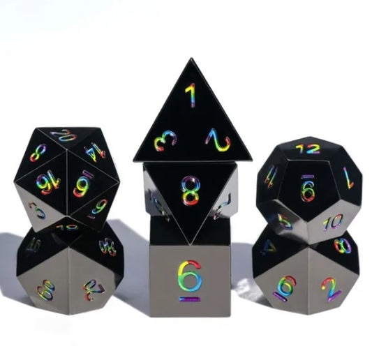 The perfect companion for your gaming needs! These premium die-cast polyhedral dice are exactly what you've been searching for that upcoming game night with the group. Each set weighs roughly 5 ounces and are stored in a quality, brushed metal tin with foam insert. These dice are engraved with crisp, easy-to-read numerals. Many styles and colors are available.

This set includes one of each: d20, d12, d10, d10 (percentile), d8, d6, and a d4 (7 dice in total). All inside a premium Dice Tin.