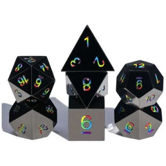 The perfect companion for your gaming needs! These premium die-cast polyhedral dice are exactly what you've been searching for that upcoming game night with the group. Each set weighs roughly 5 ounces and are stored in a quality, brushed metal tin with foam insert. These dice are engraved with crisp, easy-to-read numerals. Many styles and colors are available.

This set includes one of each: d20, d12, d10, d10 (percentile), d8, d6, and a d4 (7 dice in total). All inside a premium Dice Tin.
